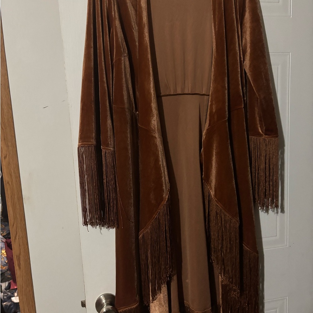 Elegant Brown Fringe Wrap Midi Dress